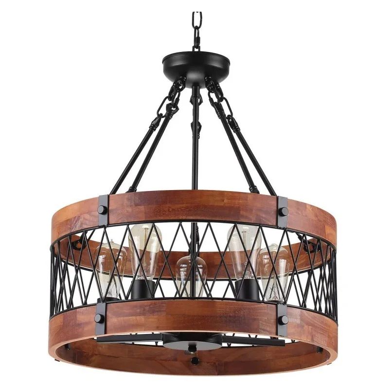 American Retro Black Metal Wood Caged Nordic Chandelier Lamp Industrial Vintage Ceiling Pendant Light view 5