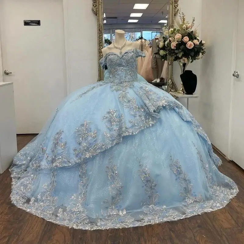 Customized Applique Blue Quinceanera Dresses Sliver Beading Lace Vestidos De 15 Anos Corset Birthday Princess Party Gowns