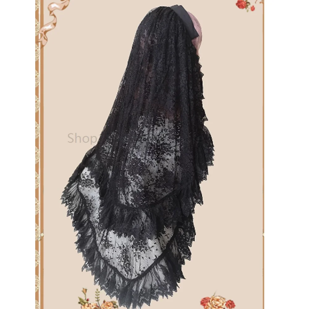 

Gothic Black white Lolita Veil Elbow Length Mesh Layered Veil Embroidery Hair Scarf Lace Fashion Headband