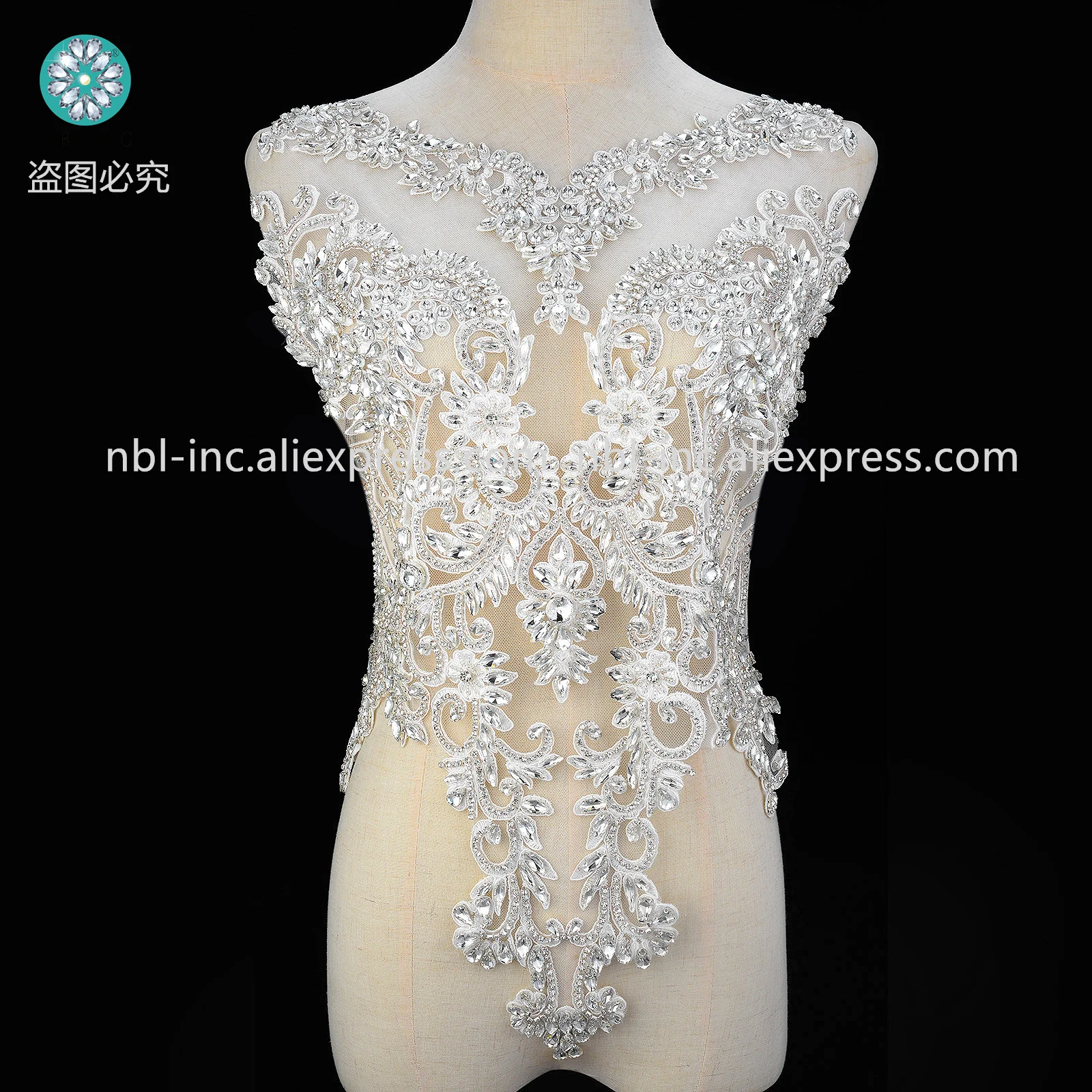 (1PC) Silver full body rhinestone bodice applique with rhinestones and seed beads for party prom WDD1367