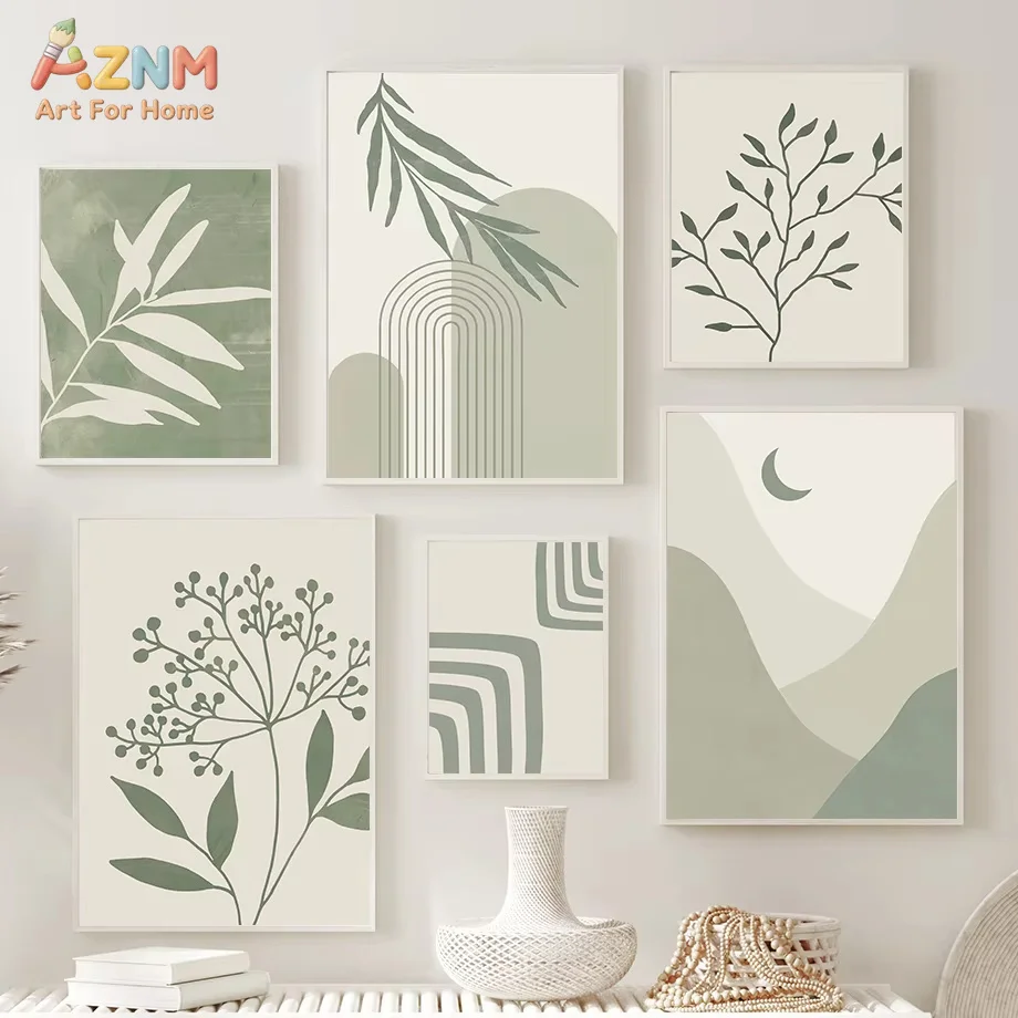 AZNM Sage Green Boho Abstract Canvas Poster Frameless Wall Art Botanical Leaf Mountain Moon Line Rainbow Geometric Print For Neu