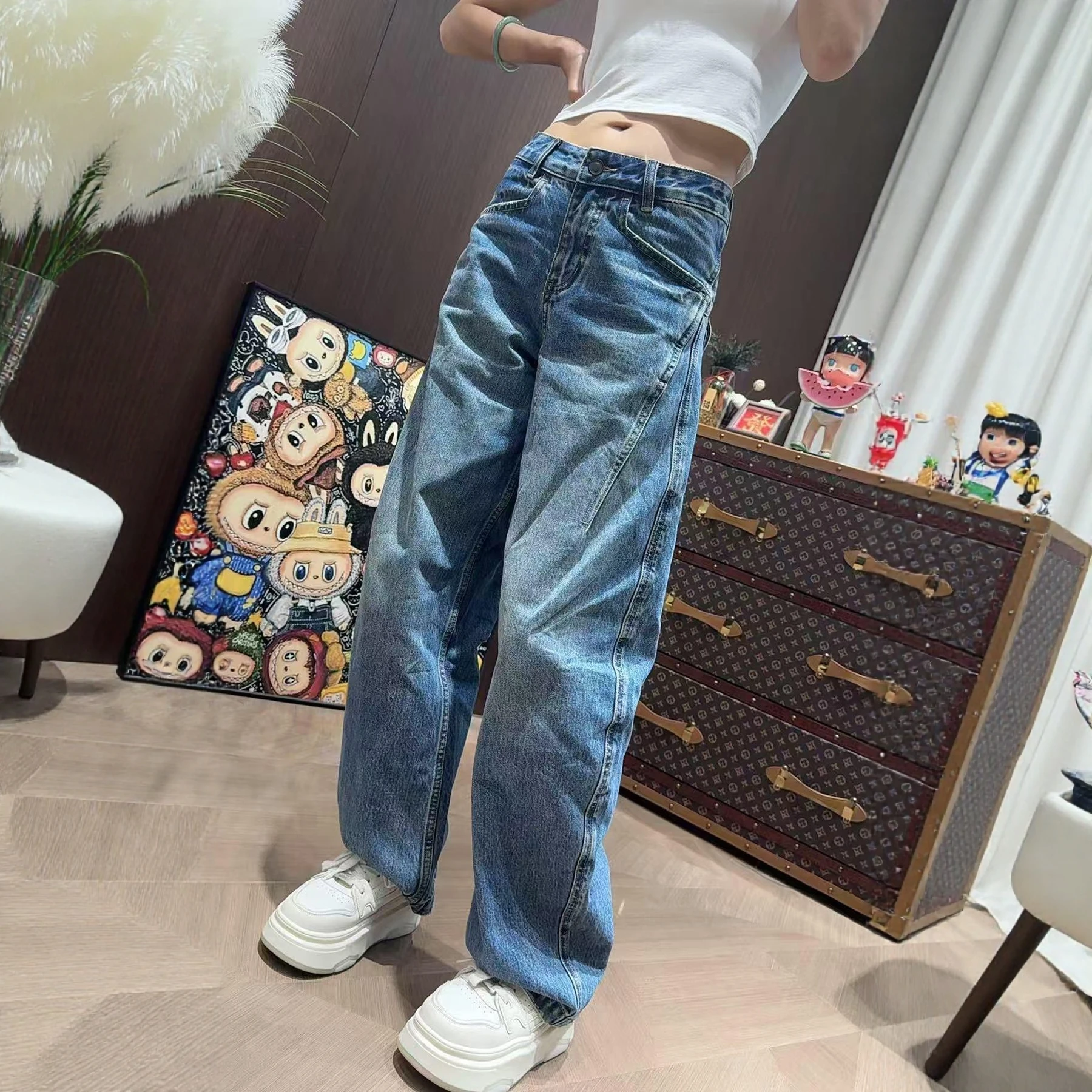 

Новое поступление весны и лета, свободные широкие джинсы, двубортные, со средней талией, женские повседневные джинсы-бойфренды на молнии