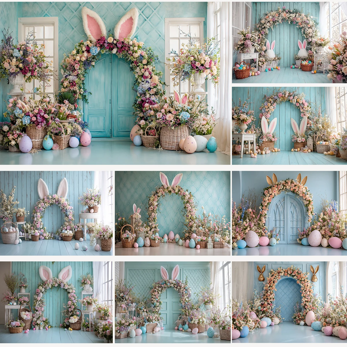 

Easter Party Photography Backdrops Blue Floral Arch Door Bunny Ears Eggs Kids Birthday Baby Shower Background Photo Studio Props