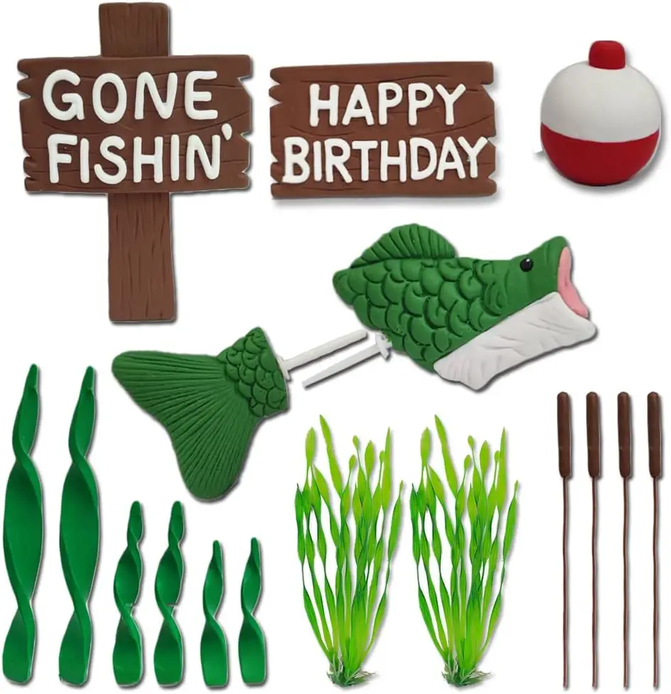 17PCS Angeln Party Kuchen Dekorieren Liefert Fisch Float Algen Schilf Bass Köpfe und Bass Tails mit Alles Gute Zum Geburtstag zeichen – Detail 4