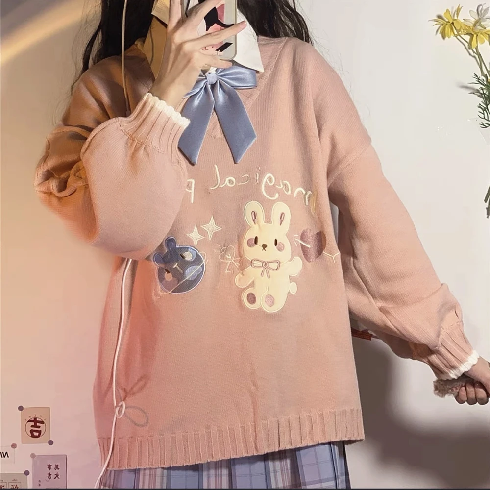 Japanese Kawaii Cute Rabbit Embroidery Sweater for Girls Pink V-neck Preppy Fashion Cartoon Oversized Jumper Casual Korean Style