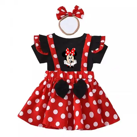 2Pcs/Set Mickey Minnie Mouse Children Outfit Baby Girls Summer Evening Kids Dots Tops Skirt Cosplay Dress with Headband Bow