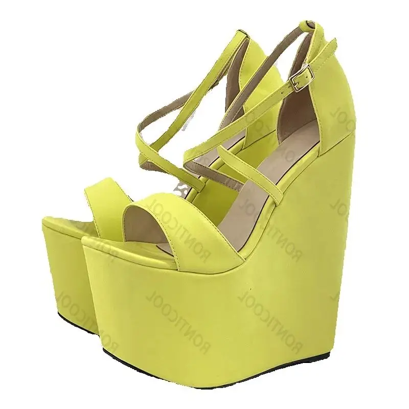 

Ronticool Hot Handmade Women Platform Sandals Ankle Strap Wedges High Heels Open Toe Black Beige Yellow Party Shoes US Size 5-13