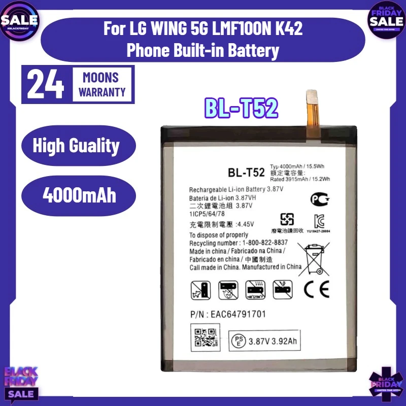 

New 4000mAh BL-T52 T52 Replacement Battery for LG WING 5G LMF100N K42 Phone Built-in Battery