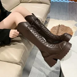 Mid Calf Boots Women Winter Boots Woman Ankle Boots Soft Lace-up Ladies Chelsea Zipper Botas Mujer Platform Heel Ladies Shoes