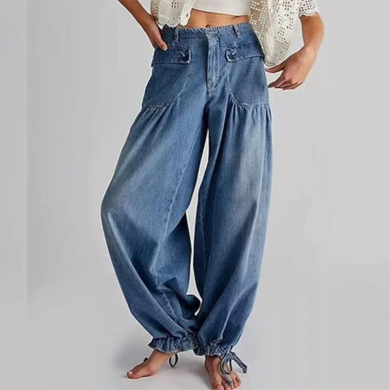 

Женские винтажные синие джинсы-фонарики. Свободный крой, щиколотки с манжетами, повседневный стиль, средняя посадка, неэластичные, широкие джинсовые брюки.