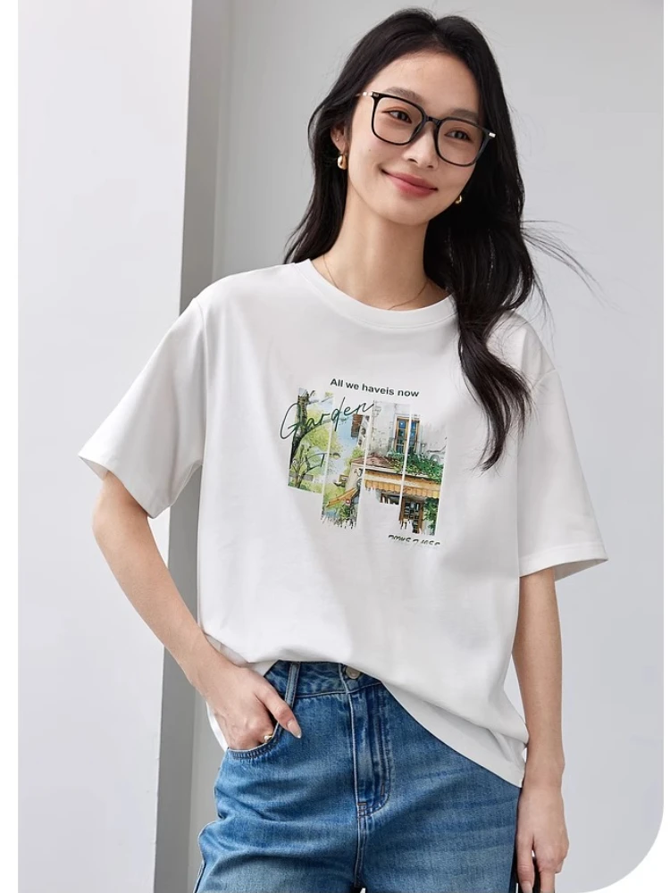 VIMLY White T-shirt Women's Summer 2026 Casual 100% Cotton Printed Natural Scenery Round Neck Woman Short Sleeve Tops M9828