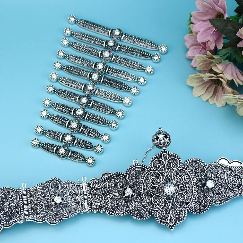 Sunspicems Chic Caucasus Bride Jewelry Set For Women Crystal Лезгинки Dress Belt Breastplate Set Antique Silver Color Turks Belt
