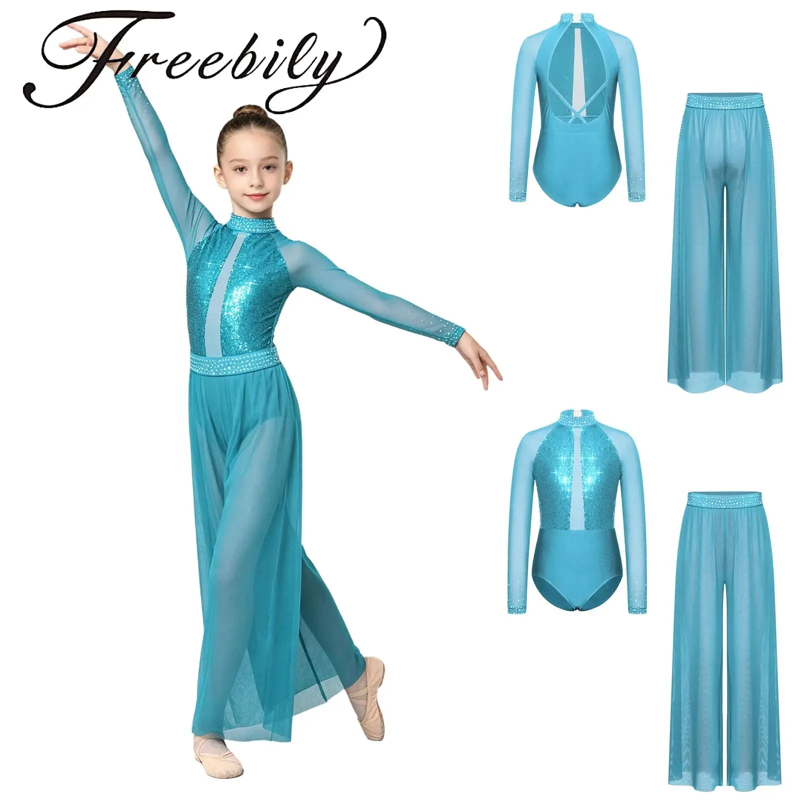 Kids Girls Lyrical Dance Outfit Long Sleeve Cross Backless Shiny Sequin Leotard with Rhinestone Waistband Wide Leg Mesh Pants