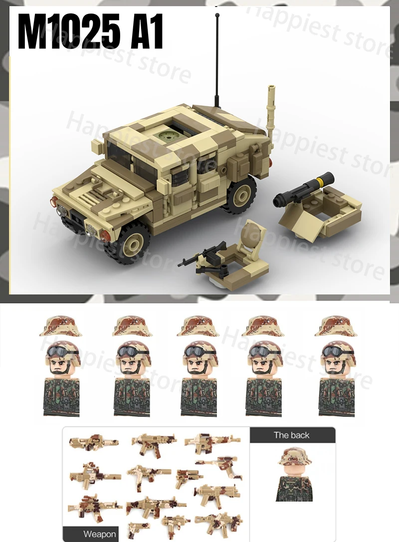 MOC Armored Hummered Car Building Blocks Assault Vehicle Model WW2 Military Weapons US Soldiers Figures Bricks Kids Toys