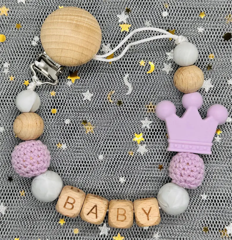 Custom Name Personalise Beech Baby Boy Girl Pacifier Clips Holder Chain Chew Silicone Crown Infant Newborn Teether Teething Gift