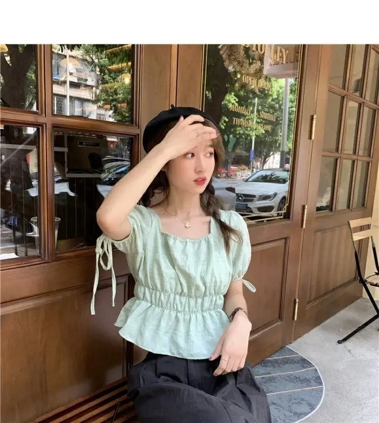 Короткий топ с квадратным воротником и пышными рукавами, женская рубашка с коротким рукавом, ниша дизайна