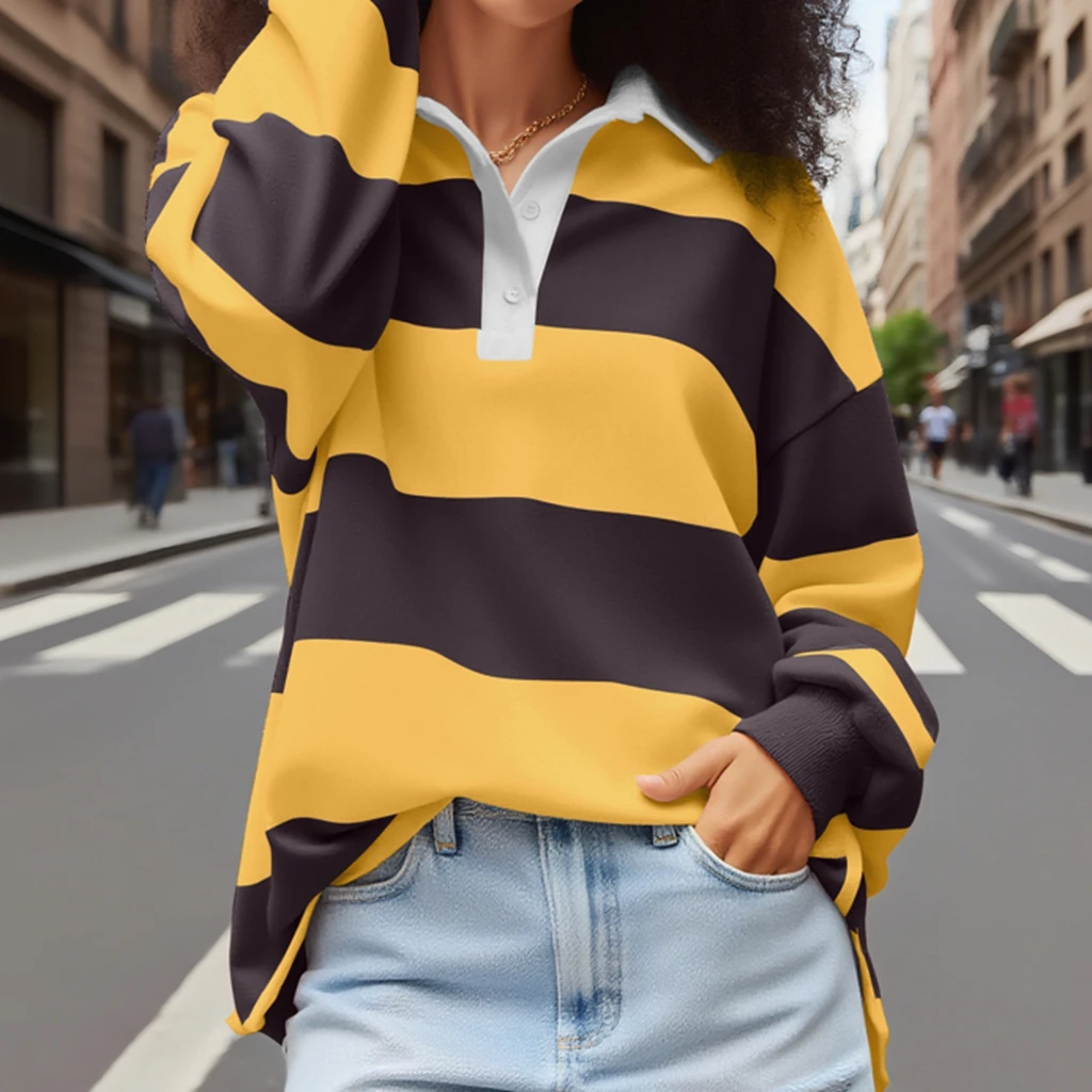 Kollektion 2025, gestreiftes Langarmshirt, klassischer Umlegekragen, lockere Herbst-Patchwork-Sweatshirts
