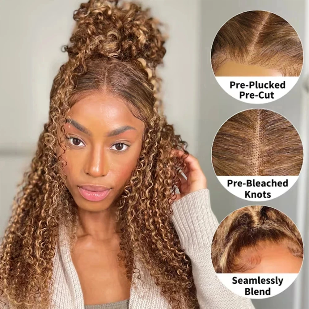 360 HD Transparent Lace Frontal Human Hair Wigs P4/27 Highlight Ombre Honey Blonde Deep Wave Wig 200% Density Glueless Full Lace Front Wig with Hidden Adjustable Strap for Women image 5