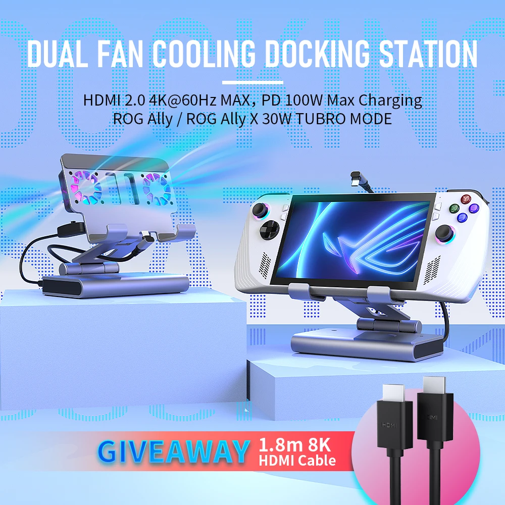 Docking Station for ROG Ally X&Steam Deck OLED&Legion Go, Dual Cooling Fan,4K@60Hz,100W Charging Port ROG Ally 30W Turbo Mode