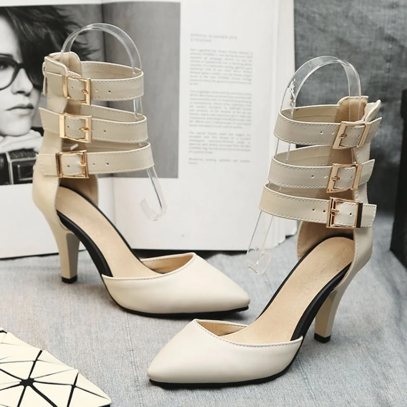 Large Size 46 Summer Women Sandals Sexy High Heel Pointed Toe Straps Gladiator Ankle Boots Red Black Buckle Party Wedding Shoes