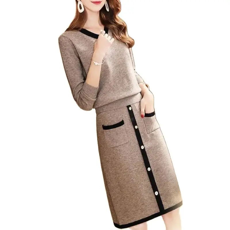 Spring Autumn Women's Skirt Suit 2024New Fashion V-Neck Knitting Sweater Suit Flexibility Elastic Button Pocket Outerwear Female