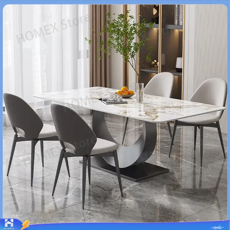 Modern Luxury Dining Table Set Smile Shape Design Sintered Stone Top Gold Stainless Steel Legs Contemporary Kitchen Furniture