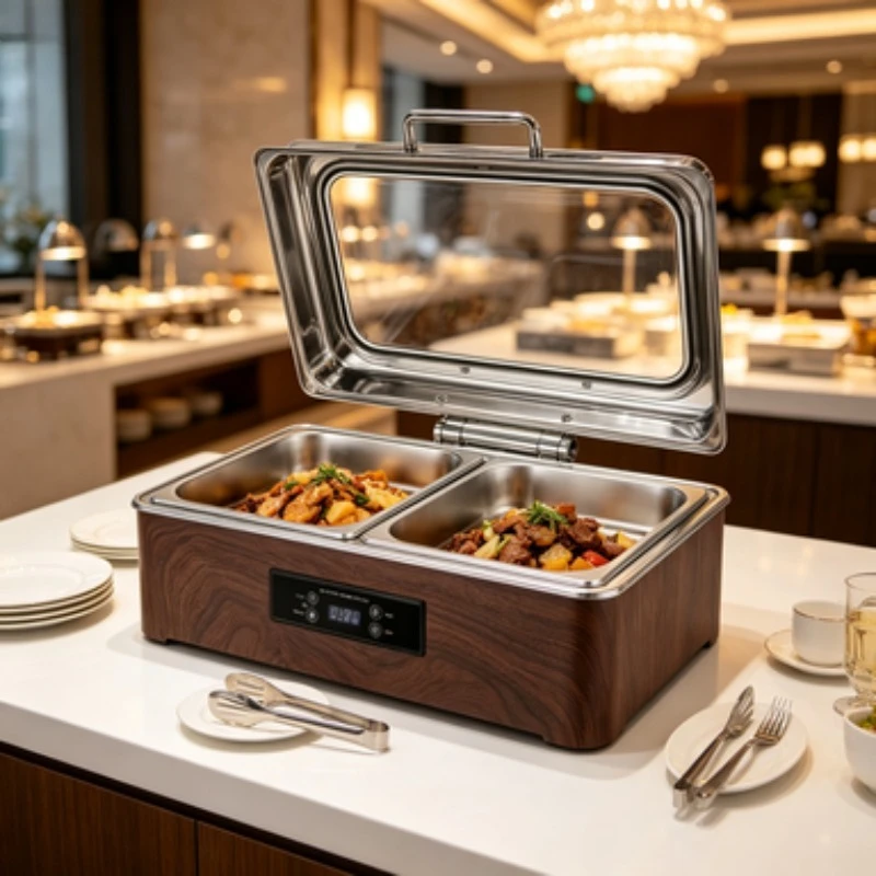 Wood Grain Electric Chafing Dish Digital Temperature Control Buffet Food Warmer Stainless Steel Food Container for Catering
