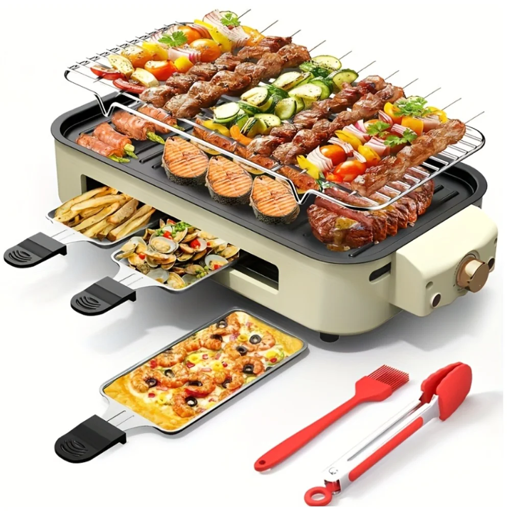 

Home electric grill with grill net and non-stick cooking removable plate, temperature controllable, washable, smokeless grill.