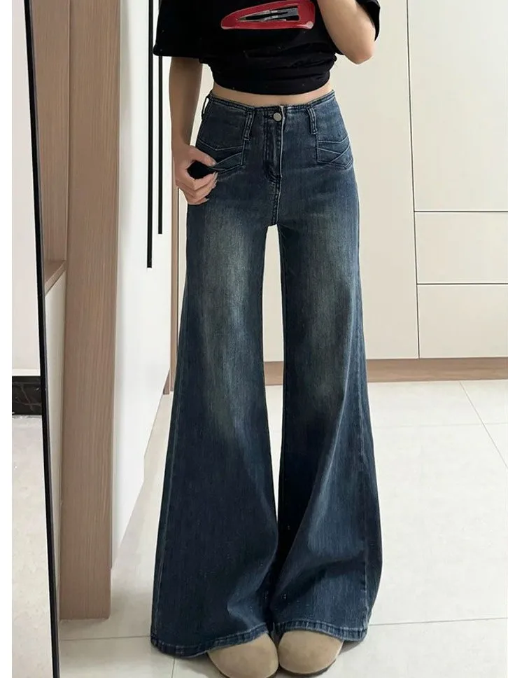 

Ретро-синие джинсы-клеш с широкими штанинами для женщин, весна-лето, новинка, с высокой талией, свободные, стройнящие, эластичные, повседневные