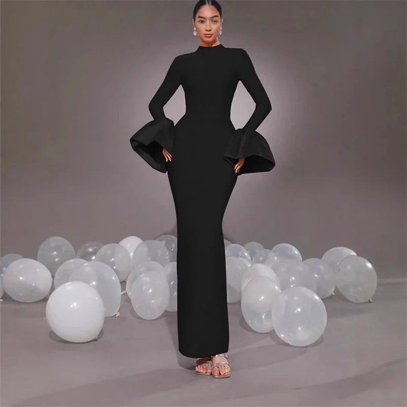 

Light luxury fashion sexy round neck long sleeve bud sleeve split bandage dress Christmas dinner dress party sexy temperament el