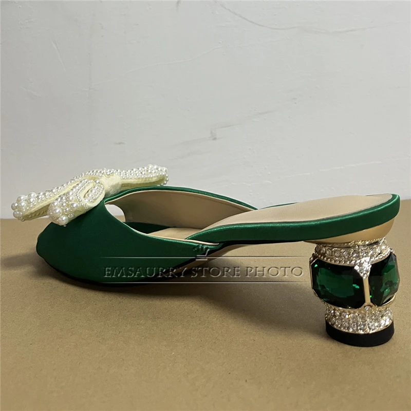 Luxury Satin Slingbacks Mules For Girls Summer 6cm Rhinestone Diamond Heel Quality Beads Butterfly-Knot Sandals Women