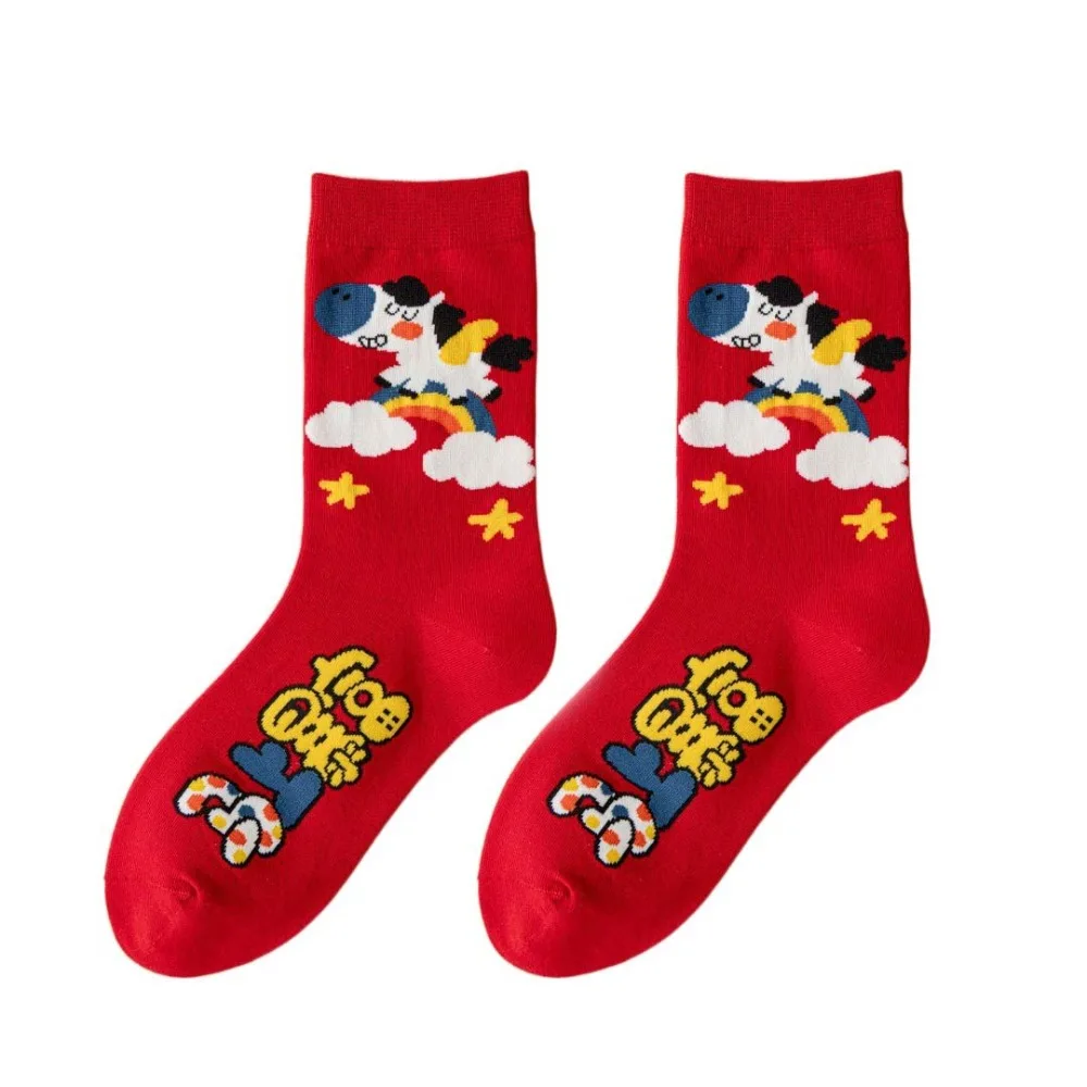 

4Pairs Fashion Cotton New Year Red Socks Good Luck Blessing Words Zodiac Horse Socks Funny Cartoon Winter Red Socks Gifts