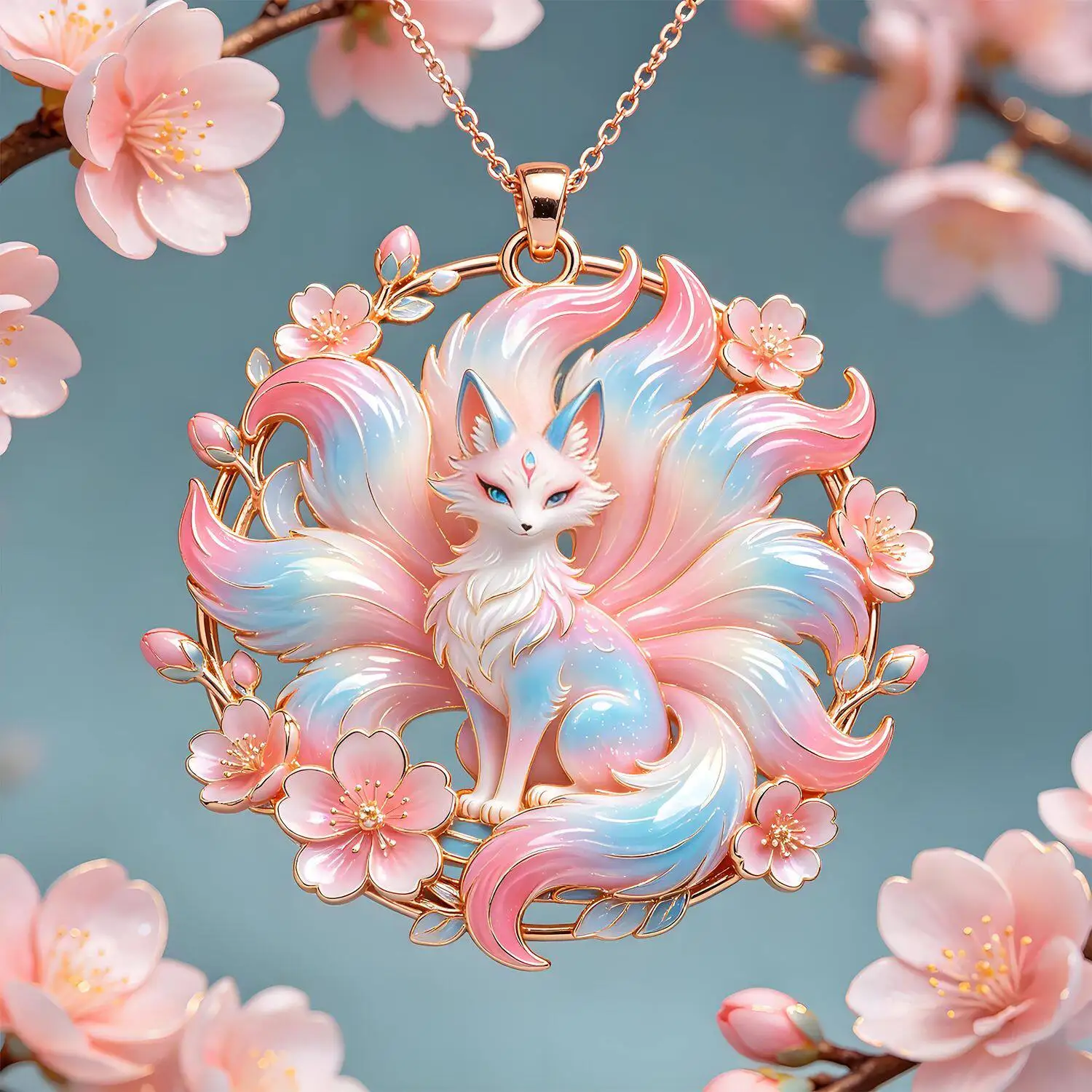 

Vintage Sweet Pink Nine Tailed Spirit Fox Choker Necklace Peach Blossom Love Amulet Elegant Ladies Aesthetic Layering Jewelry