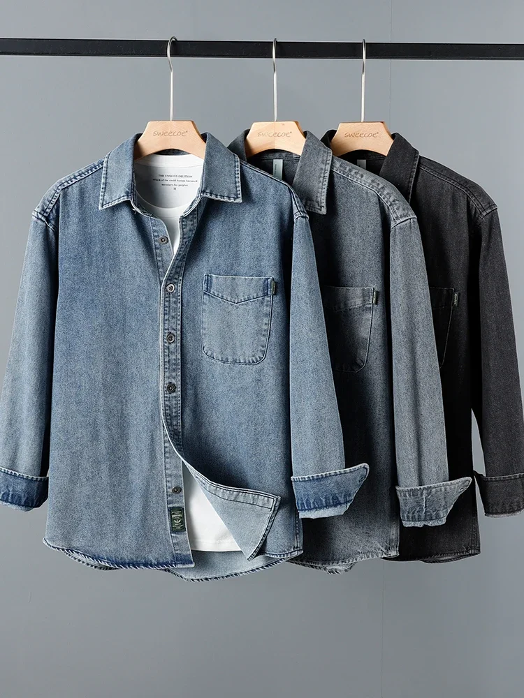 الخريف والشتاء الأدوات الأمريكية الجديدة قميص طويل الأكمام، الراقية قميص الدنيم فضفاض ومتعدد الاستخدامات، سترة سترة الرجال