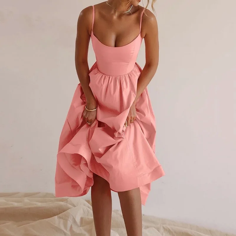 KIDCRKJ Women's U-neck Summer Dress Elegant Sleeveless Camisole Slim Pleated Sundress Loose Host A Performance Party Long Dress