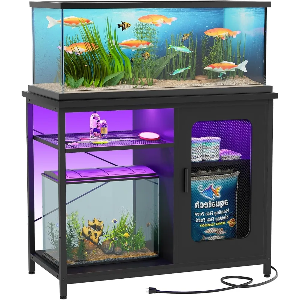 

20-29 Gallon Fish Tank Stand with Power Outlets & LED Light, Reversible Metal Aquarium Stand with Cabinet for Fish Tank Accesso