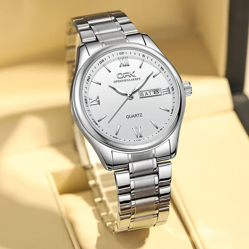 OPK 8123 Mens Watch Original Simple Quartz Watch Stainless Steel Day Date Watches For Man Waterproof Luminous Mens Gifts Reloj