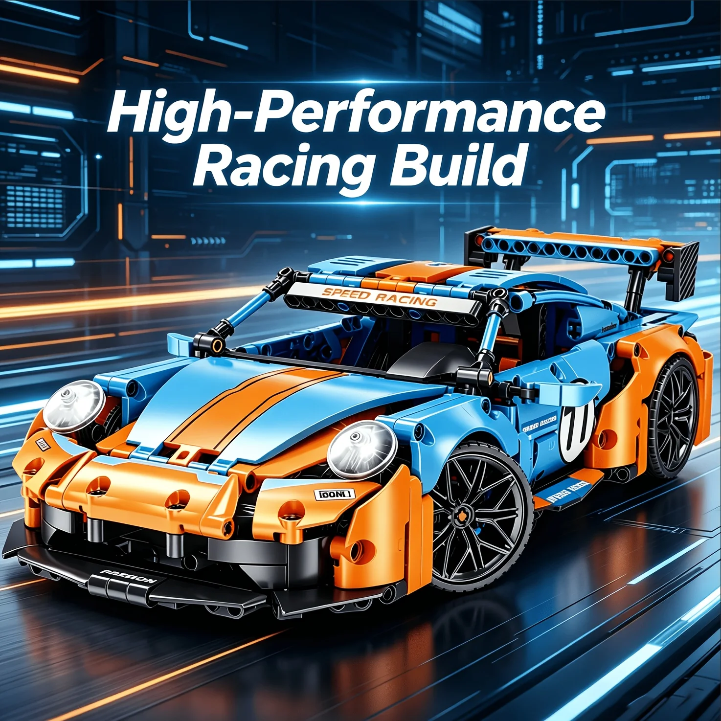 Blocs de construction de voiture de course technique 1:14, modèle de voiture de sport à rayures bleues et orange, briques à assembler soi-même, jouet de collection, cadeau pour A