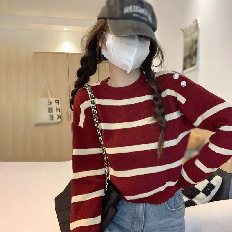 Women\'s Sweater Stripe Color Contrast Long Sleeves Sweater Retro O Neck Casual and Fashion Pullovers