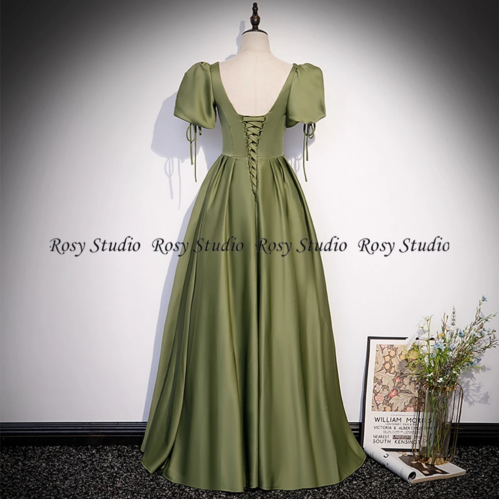 2024 Olive Green Long Prom Dresses with Short Sleeves V Neck A-Line Corset back Evening Gowns Formal Wedding Party Dress