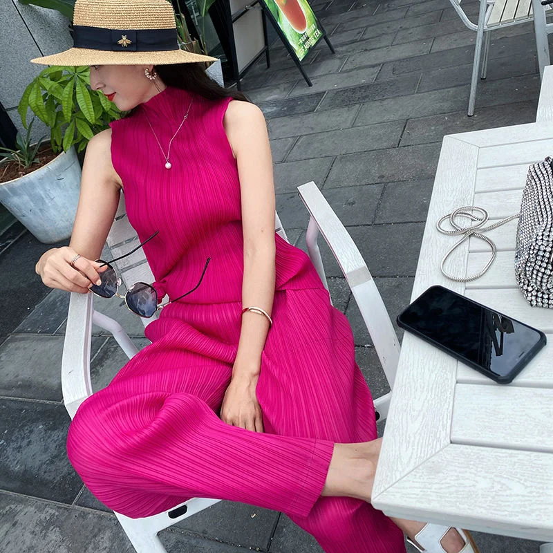 

Women's Basic Harlan Slim Fit Pants Vest Set Black Fashionable Summer Folded Cuff Two Piece Suit Neutral Style Four Seasons