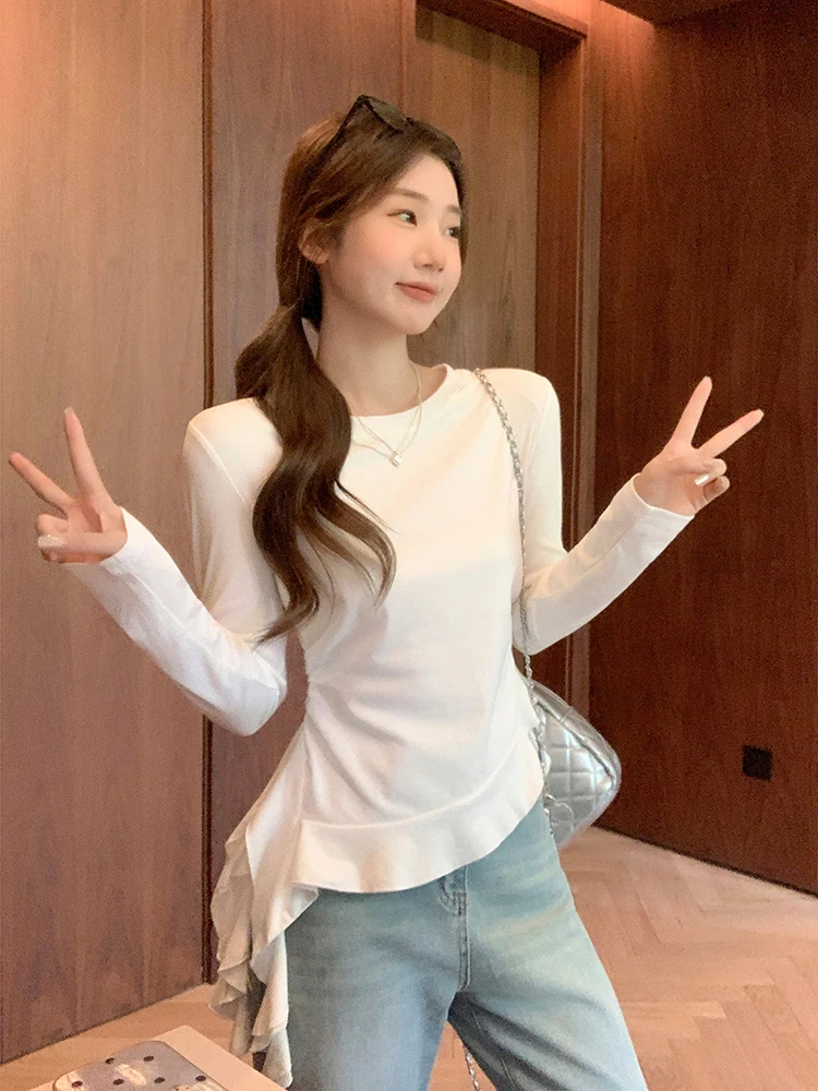 

Весенне-осенняя корейская футболка с рюшами и нерегулярным круглым вырезом и длинными рукавами для женщин, модный универсальный облегающий нижний топ S348