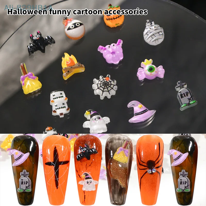 50 Pcs/Bag Halloween Nail Art Charms Mix Bulk 3D Cute Cartoon Pumpkin Monster Resin Charms Flatback Nail Decoration Accessories