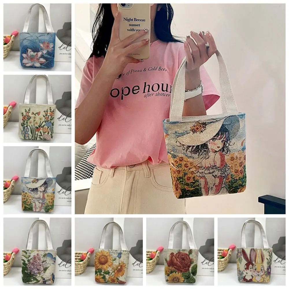 

Portable Butterfly Embroidery Ethnic Style Handbag Cat Bird Canvas Tote Bag Mommy Bag Storage Bag Flower Shoulder Bag Outdoor