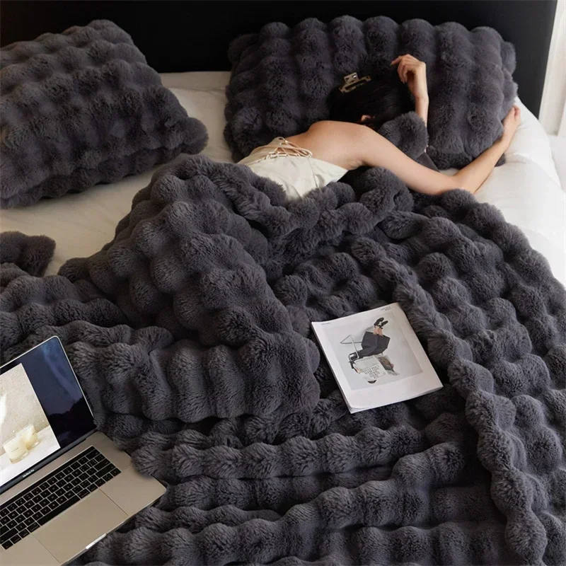 Cozy Rabbit Hair Bubble Velvet Blanket for Napping Soft Fuzzy Plush Bed Cover Sofa Throw Blanket All Season Warmth