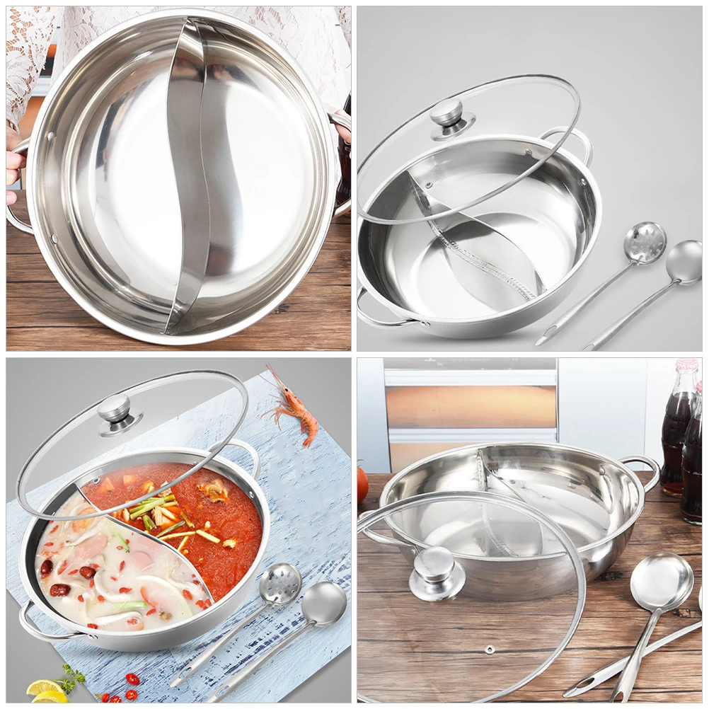

Stainless Steel Hotpot Set 32cm Double Flavor Divider Pot Glass Lid Pairs Spoon Stovetop Induction Gas Kitchen Reusable