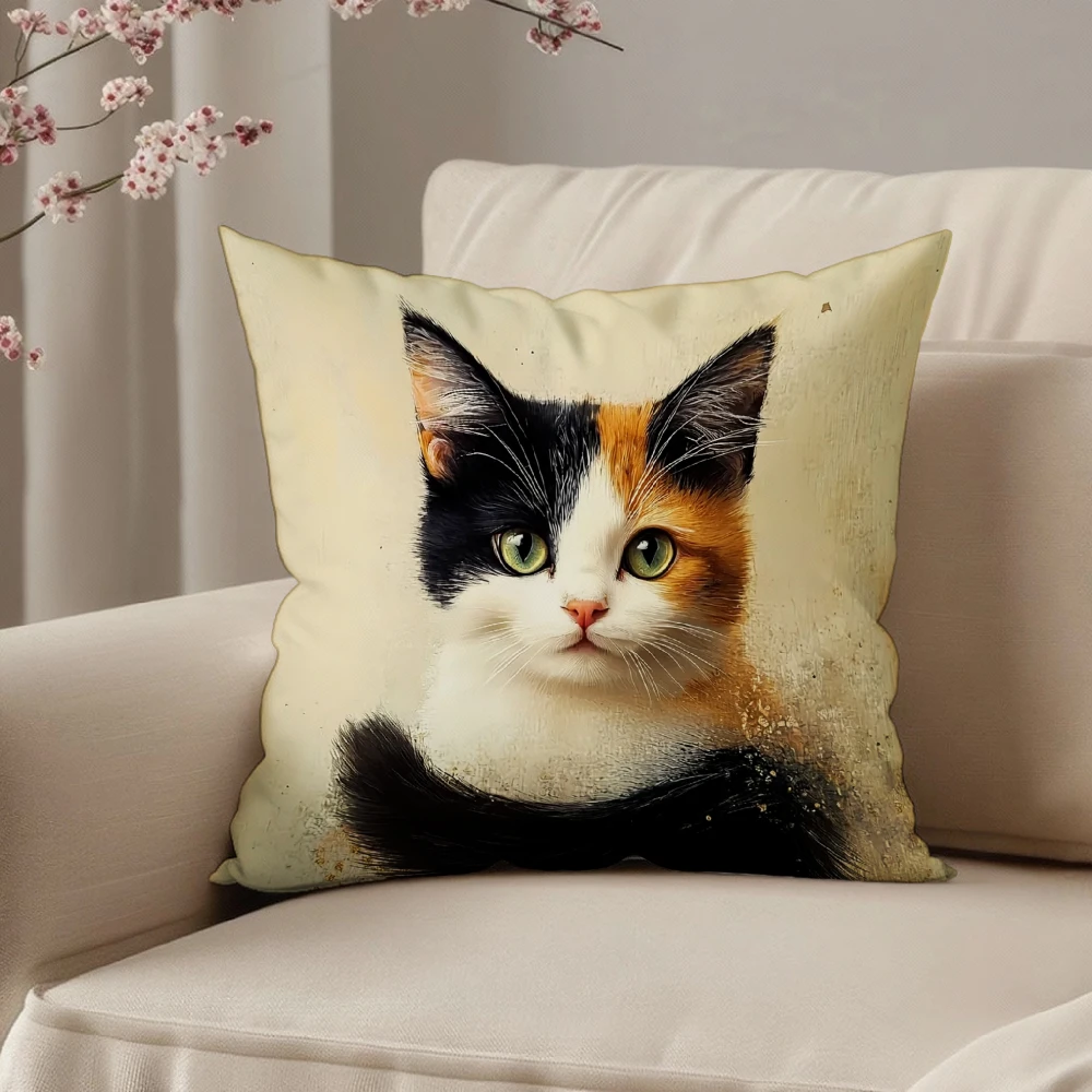 Square Throw Pillow Case Beige Calico Cat Portrait Print For Living Room Sofa Bedroom Home Decor Cushion Cover