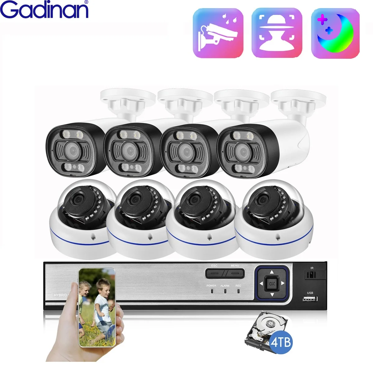 

Gadinan 5MP CCTV Security System POE NVR Two-way audio dome camera/Face Detection Bullet Camera Video Surveillance Set