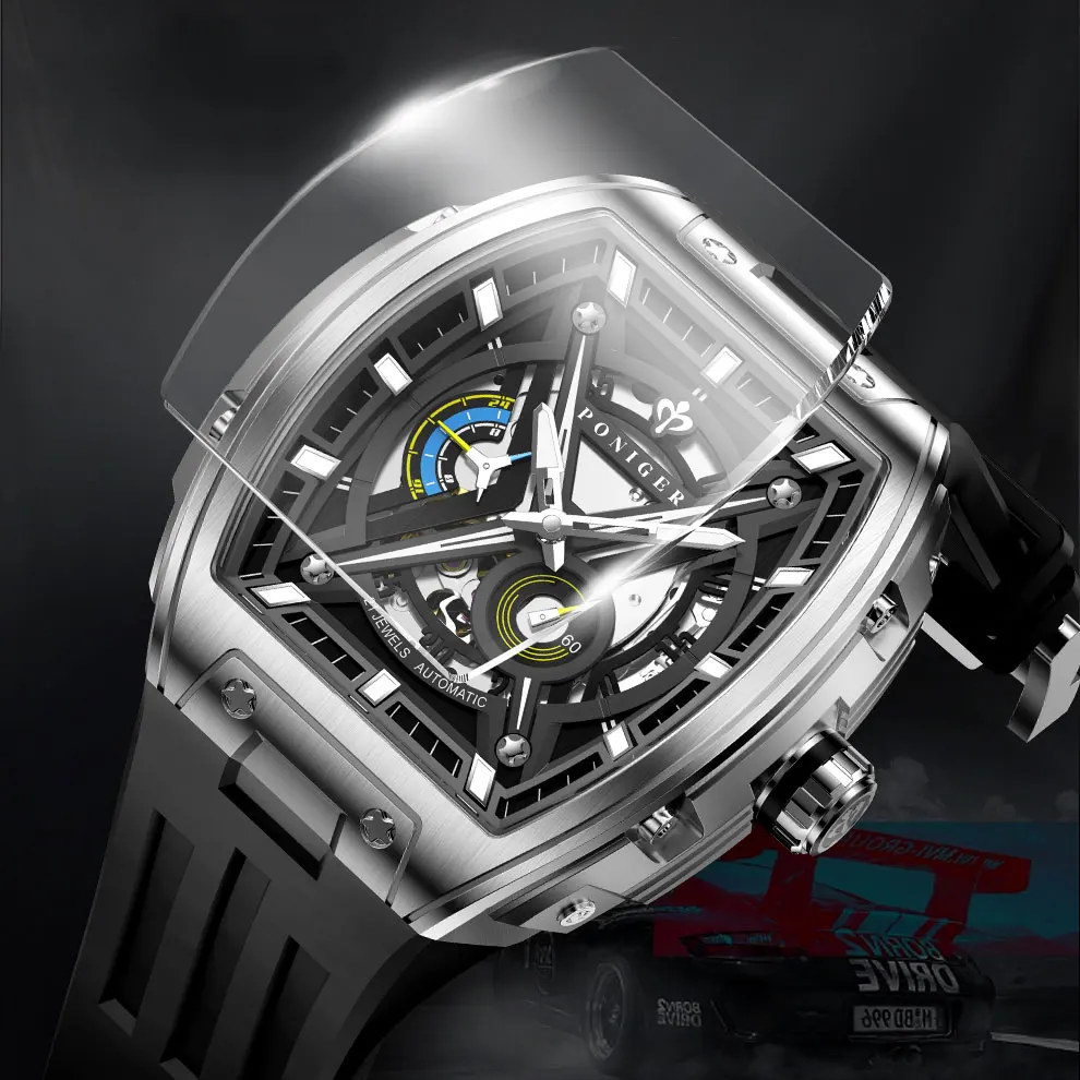 PONIGER Top Brand Design Automatic Movement Mechanical Men's Watches Fashion Multi-Function Stainless Steel Waterproof Men Watch