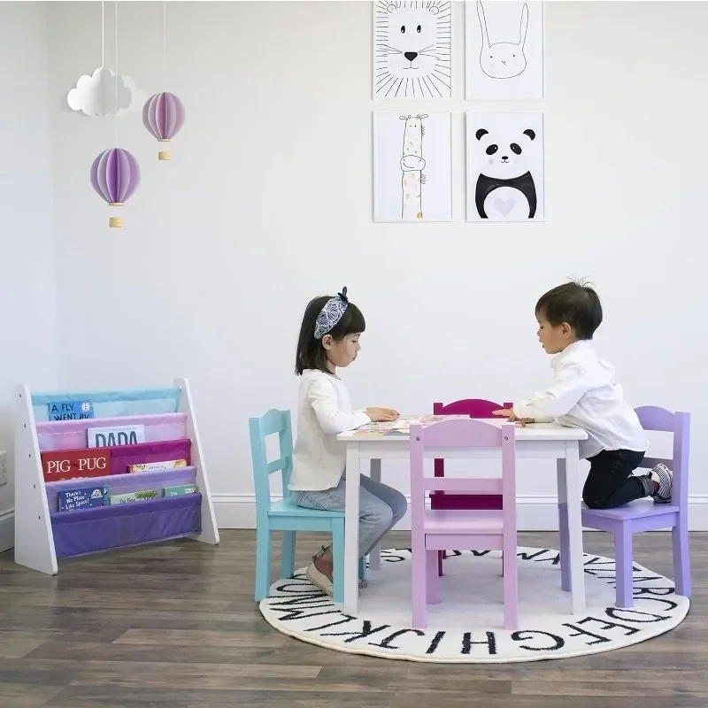 table and chair set for kids ，Humble Crew Tot Tutors Wood Table & 4 Chairs Set-White, Pink, Purple Forever Collection，